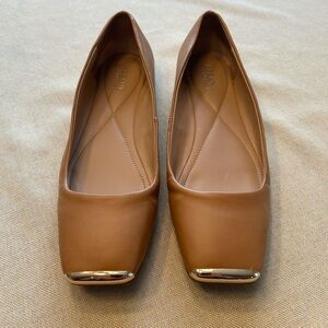 Alfani step flex Brown Leather Square-Toe Flats with Gold Toe Accent Size 9